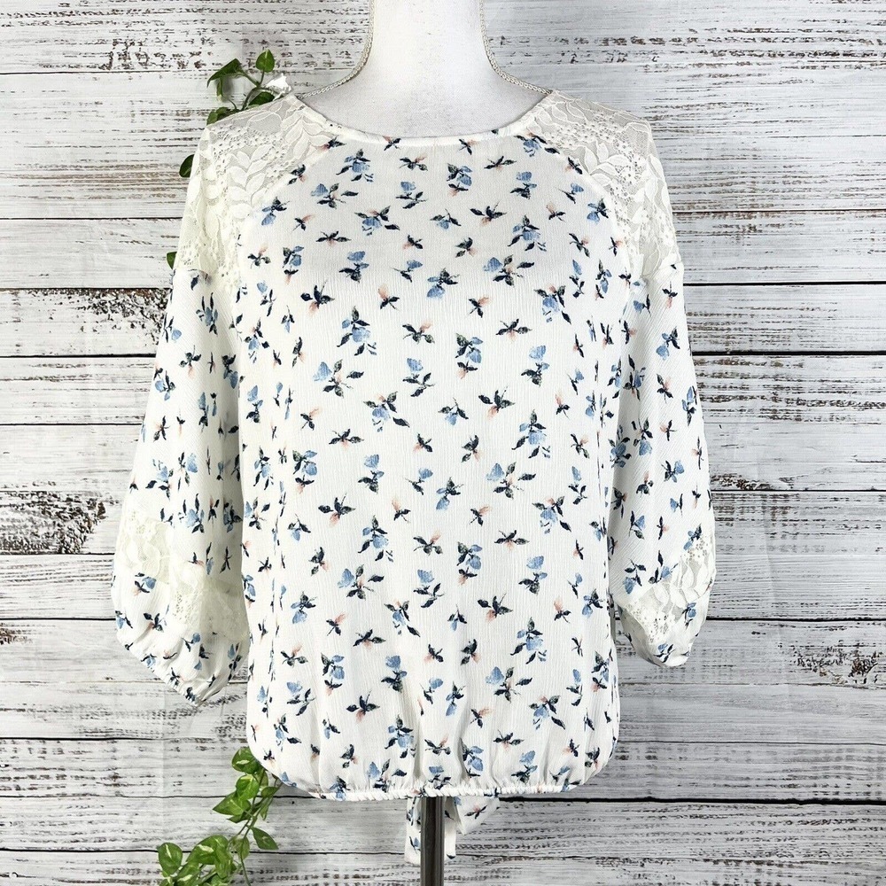 Ginnicks Blouse Tunic size Small Ivory Blue Coral Floral Lace Boho Cottage Core